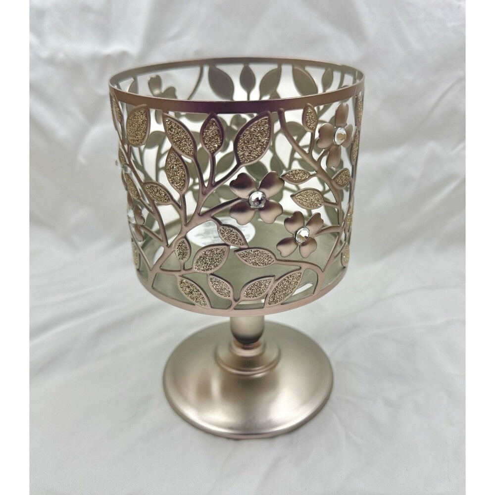 Bath & Body Works Pedestal 3-Wick Candle Holder Dogwood Floral Glitter Silver
